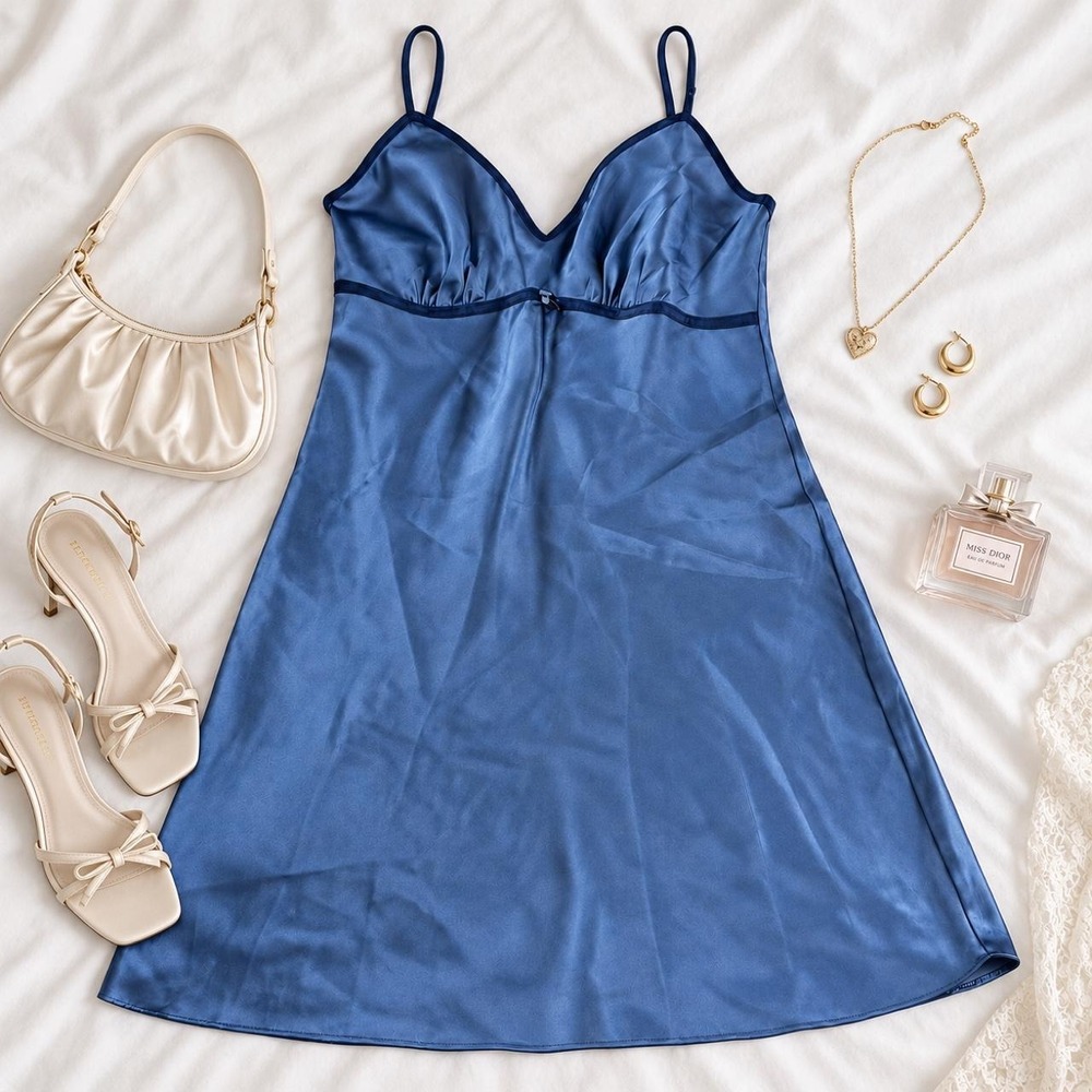 blue slip dress  Y2K blue satin slip dress secret treasures size medium